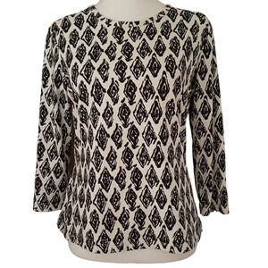 J. McLaughlin 3/4 Sleeve Black‎ White Stretchy Geometric Print Blouse Size Small